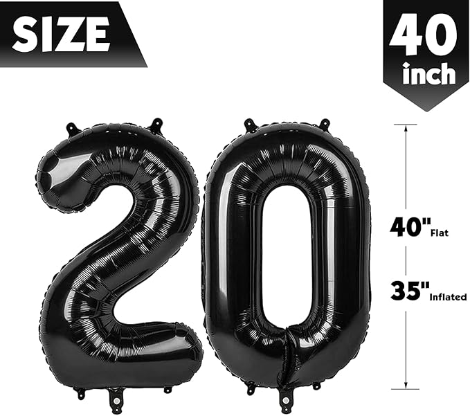 40 Inch Black Number 20 Balloon, Giant Number 20 Balloons for 20th Birthday Decorations, Party Supplies for Baby Boy Girl, Black Party Decor
