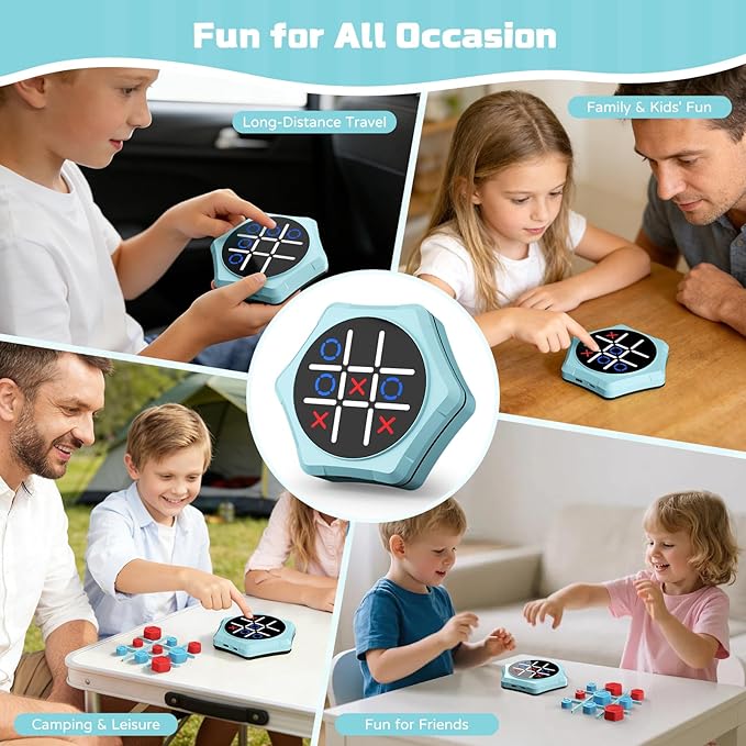 Tic Tac Toe Bolt Game,5-in-1 Handheld Puzzle Games Console,Electronic Tic Tac Toe Game for Educational&Memory,Portable Travel Games for Car Ride with Silent Mode,Toys Gift Idea for Kids & Family-Blue