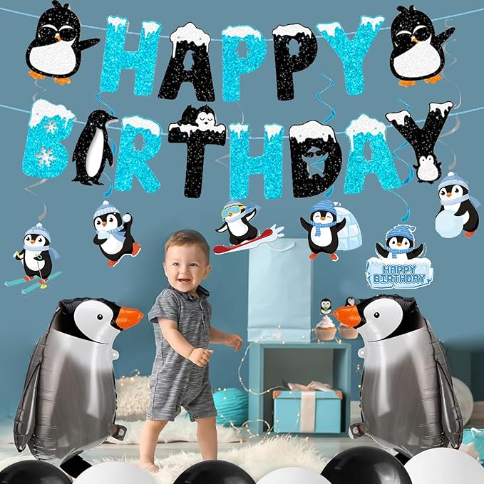 Zwiebeco Black Blue White Penguin Happy Birthday Banner Bunting Hanging Paper Swirls Garland Party Decorations for Baby Shower Winter Themed Boys Girls Bday Decor Accessories Supplies