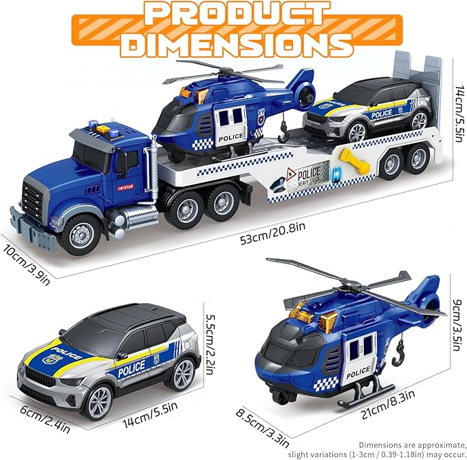 21" Semi Police Truck Toy with Helicopter & Racing Car,Toddler Boy Toys for 3 4 5 6 Years Kids,Friction Powered Truck Vehicle with Lights & Sounds for Boys Girls Christmas Birthday Gifts