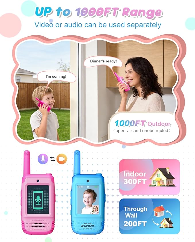 Video Walkie Talkies for Kids, 2 Pack Kids Walkie Talkies with 3 Voice Changers, Rechargeable Toy for 3-12 Year Old Boys Girls, 1000Ft Video Intercom for Camping Hiking Birthday Gift (Blue-Pink)