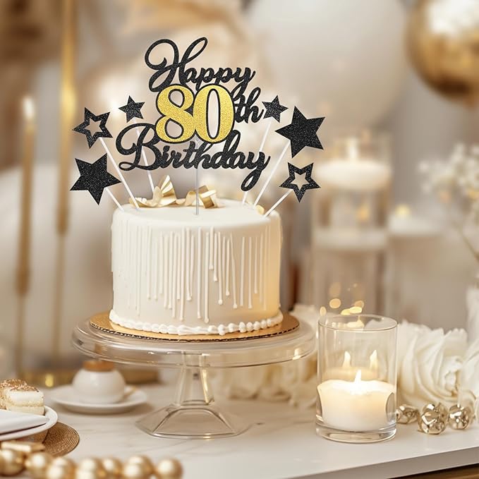 Happy 80th Birthday Cake Toppers, Black Gold Glitter Cake Decorations Set, 80th Birthday Decor for Men Women, Birthday Anniversary Party Decorations Supplies