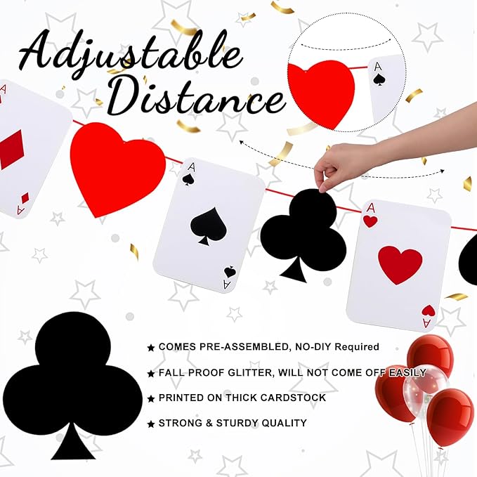 Sherr 2 Pcs Poker Theme Party Decorations 10 ft Pre-Strung Poker Birthday Banner Hanging Dice Garland for Game Night Bachelorette Theme Party Favors Graduation Supplies (Classic Style)
