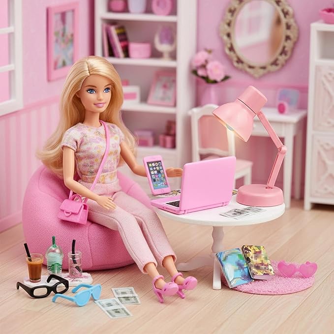 20Pcs Dollhouse Miniature Laptop Computer Tablet Phone Lamp Book Glasses Coffee Headset Simulation Accessories 1/12 1/6 Toy Pad Play Set Fits Barbie Doll Girl Mini Drink Party Office (Pink)