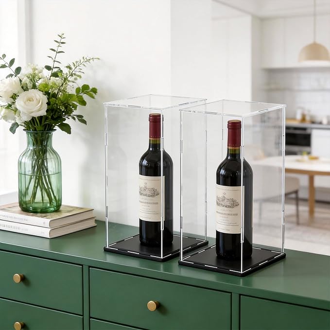 Acrylic Display Case for Red Wine Bottle and Dolls, Versatile Clear Acrylic Display Box with Black Base for Showcase and Displaying, 5x5x14-inch