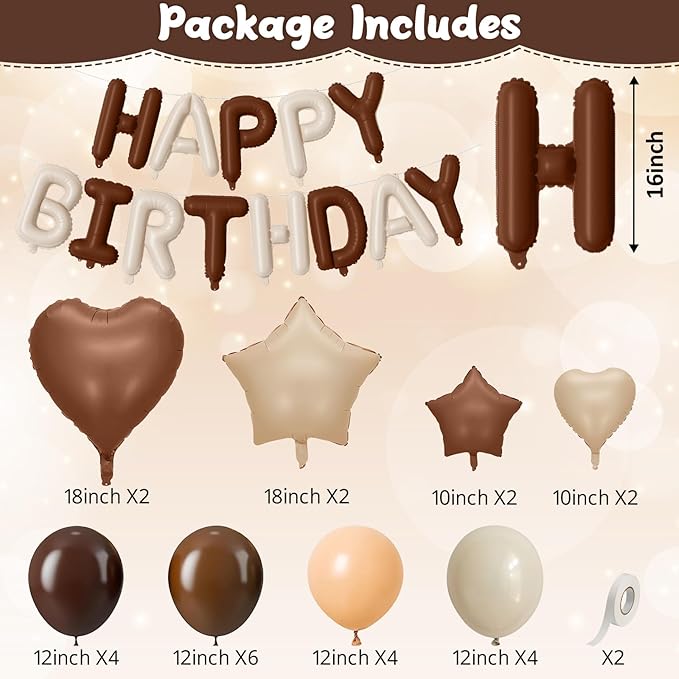 Cream Brown Birthday Decorations Boho Neutral Nude Brown Coffee Beige Apricot Sand White Balloons Happy Birthday Banner Heart Balloons 18/10 Inch Star Balloon for Women Bday Party Supplies