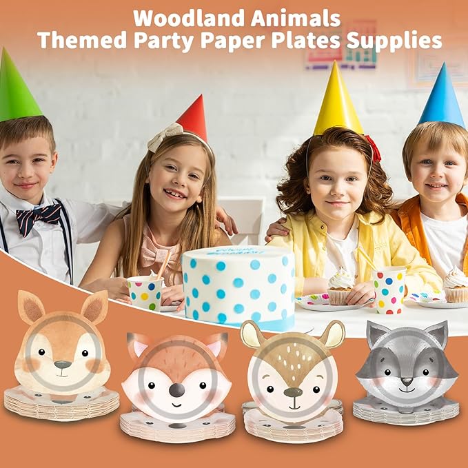 60 Count Woodland Party Paper Plates Animal Shaped Disposable Plates Woodland Creatures Tableware Forest Birthday Decorations for Birthday Baby Shower Animal Theme Party Favors