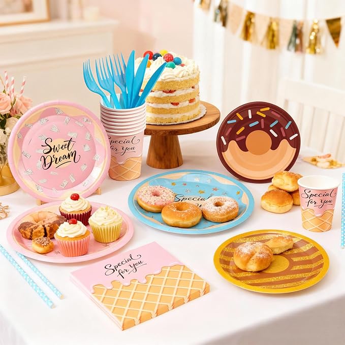 144Pcs Donut Sweet Birthday Party Supplies Decorations Girl Birthday Themed Paper Plates Napkins Vintage Party Tableware Disposable Dinnerware for Girl Kid Baby Shower Table Decor, Serve 24