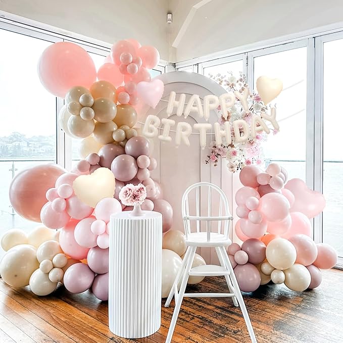 29PC Pink Heart Happy Birthday Balloon Banner, 16Inch 3D Aluminum Letter Banner Sign, Dusty Pink Rose Gold Pearl White Balloons 18 Inch Heart Foil Balloons for Baby Shower Decorations