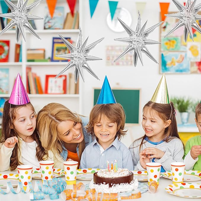 6 Pcs Silver Star Foil Balloons One-Piece 14-Pointed Star Balloon 4D Cone Mylar 22inch Christmas Birthday Wedding Fireworks Shape Party Supplies (Silver)