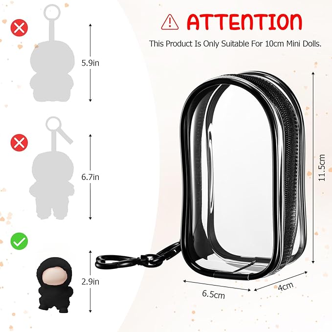 Clear Protective Case Display Accessories for 4.13 Inch 10cm 4.0 Series Plush Doll with Keychain, PVC Hanging Storage Case Cover Doll Storage Bag Figures Dolls Collectible Toys(Black)