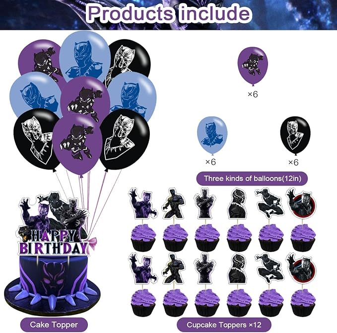 Panther of Black Party Decorations,Panther of Black Birthday Party Supplies Includes Banner - Cake Topper - 12 Cupcake Toppers - 18 Balloons