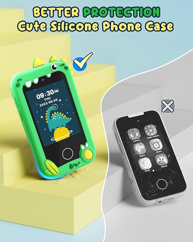 UCIDCI Dinosaur Kids Smart Phone Toys for Boy Dual Camera & Music Player Toddler Selfie Phone Toys Road Trip Toys with Learning Games, Christmas, Birthday Gifts for 3 4 5 6 7 Year Old Green
