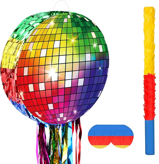 Colorful Disco Ball Pinata with Stick and Blindfold 80s 90s Theme Party Decorations Disco Pinata for Birthday Weddings Roller Skating Party Supplies