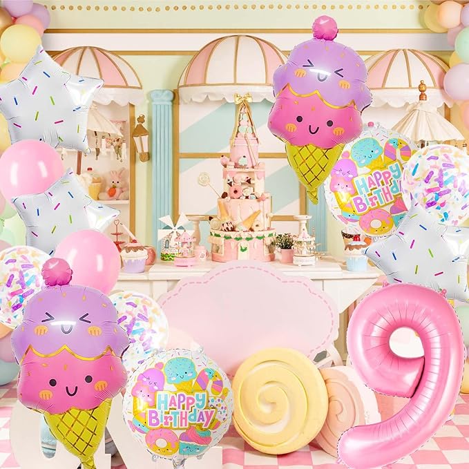 Pink Ice Cream Balloons, Number 9 Balloon, 9th Birthday Decorations for Girls, Ice Cream Balloon for Girls Birthday Party Decoration (9)