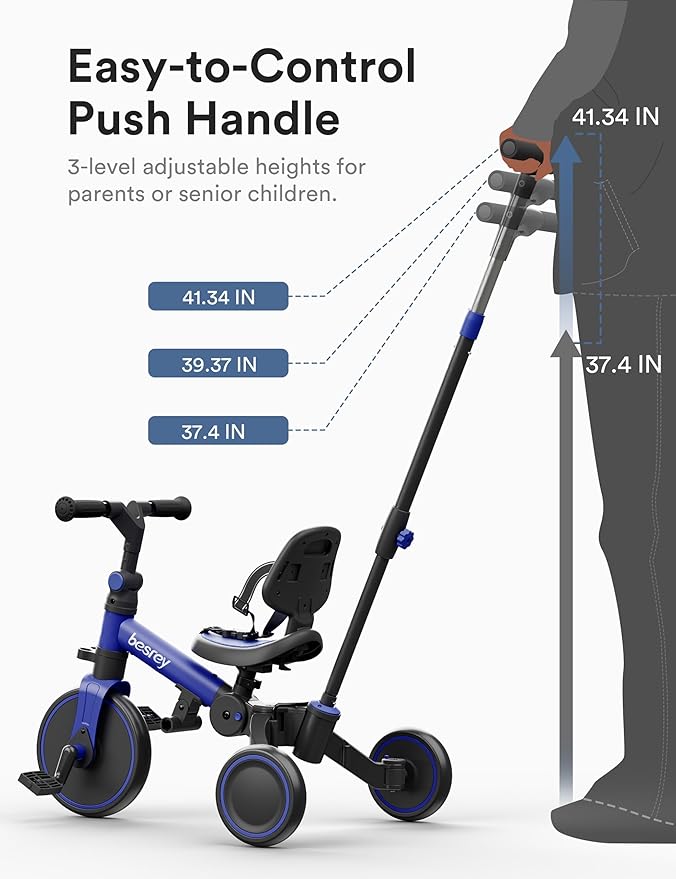 besrey 4 in 1 Toddler Bike, Toddler Tricycle for 1-3 Year Old, Trike with Push Handle, Backrest and Safety Belt, Birthday Gifts and Toys for Boys and Girls, Balance Bike (Dark Blue)