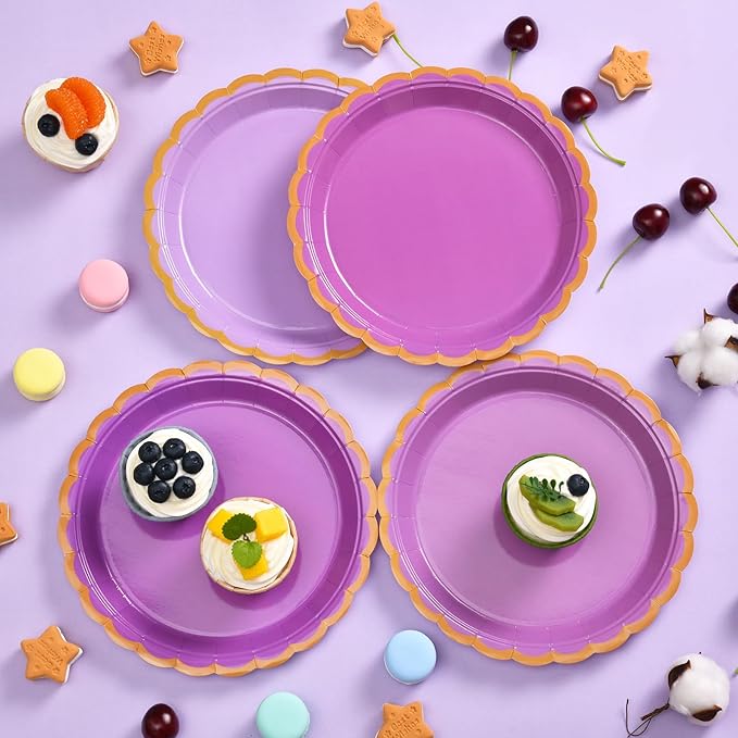 96 Pcs Purple Scalloped Party Paper Plates, 9 Inch Cute Purple Disposable Birthday Lavender Dessert Baby Bridal Shower Cake Paper Plates for Party Bridal Baby Girl Shower Wedding Supplies