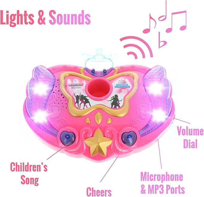 Kid Fun LilPals Princess Karaoke -Children's Toy Stand Up Microphone Play Set w/Built-in MP3 Player, Speaker, Adjustable Height (Pink)