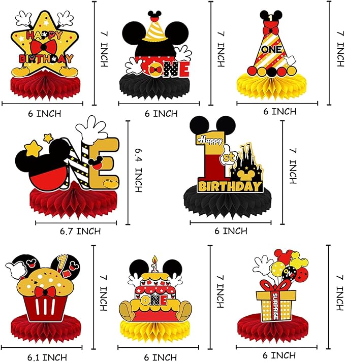 Mouse Table Honeycomb Centerpieces,Cartoon Mouse Themed Table Topper Decor One Year Old Birthday Party Supplies(8 Pcs)