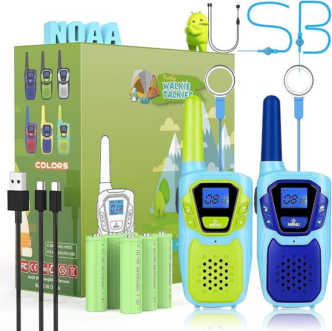 Kids Walkie Talkies 2 Pack NOAA Walkie-Talkies for Adults Rechargeable Long Range 2 Way Radios for Family Camping Hiking Skiing Cruise Ship, Toys for 3-12+ Year Old Girls Boys Toddlers