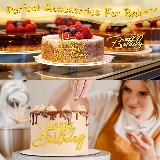 Barydat 50 Pcs Happy Birthday Cake Toppers Bulk Mirror Acrylic Cupcake Topper Cupcake Decorations Happy Birthday Sign for Cake Side Inserts Decor Party Supplies 10 Style(Gold)