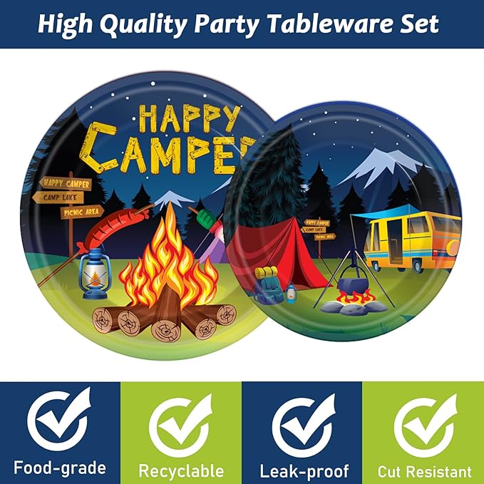 96 Pcs Camping Party Supplies Paper Plates Napkins Happy Camper Birthday Decorations Camping Adventure Party Tableware Set for Boys Baby Shower Serves 24