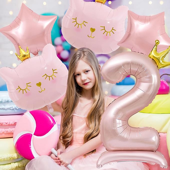 Pink Cat Balloon Set, Crown Cat Foil Balloon, 2 Year Old Girl Birthday Party Decoration, Cat Theme Decoration, Theme Party Supplies for Girls Kitten (2)
