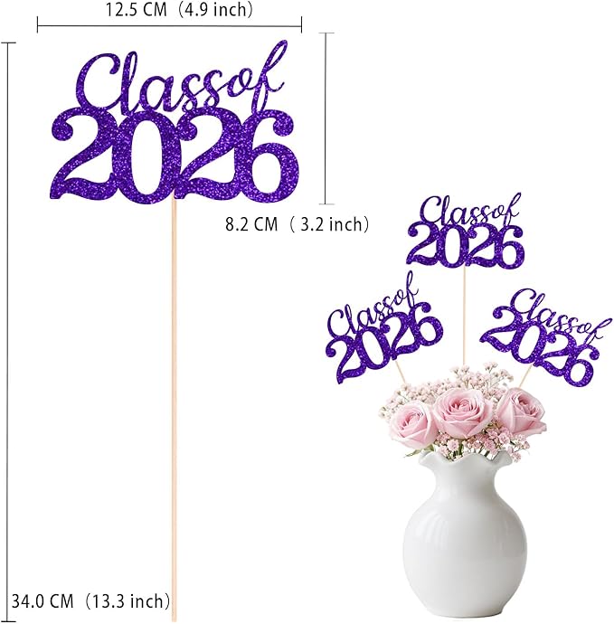 Purple Class of 2026 Double-sided Graduation Table Centerpieces, 12 Pcs Grad Party Decorations with Sticks, Graduation 2026 Party Supplies for Table Decor