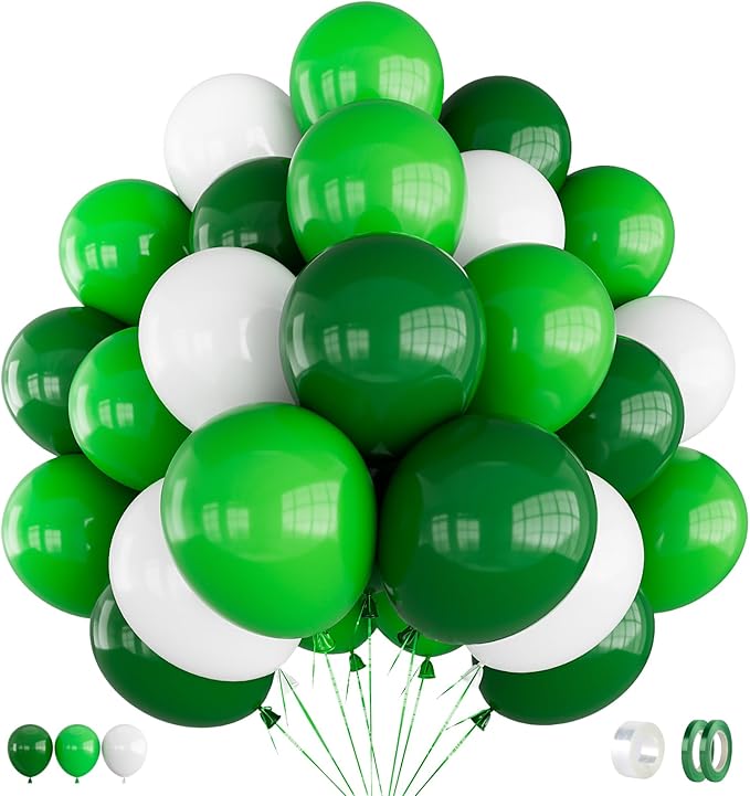 Green and White Balloons, 60 Pcs 12 inch Dark Green Balloons White Party Balloon Natural Latex Balloon for St Patricks Day Decorations, Jungle Safari Birthday Baby Shower Party Supplies