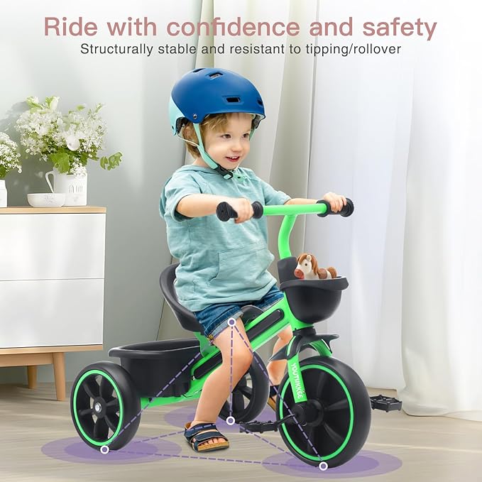 Kids Tricycle with Colorful LED Lights for Toddlers 1-3 Years, Stable 3-Wheel Design & Storage Basket for Fun Indoor Outdoor Ride, Gift for Baby Boy Girl