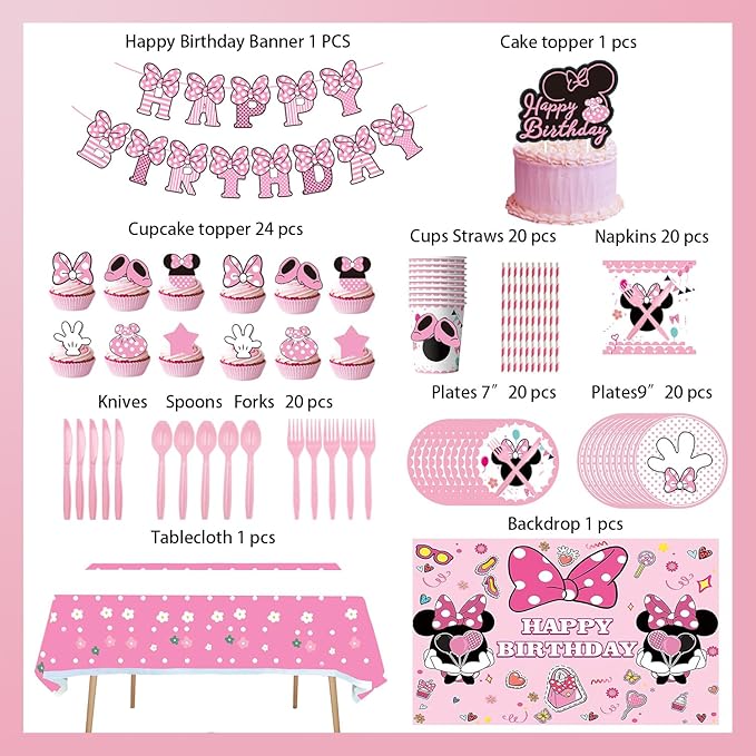288 PCS Pink Mouse Birthday Decorations Serves 20 Guests Mouse Theme Party Decorations Include Balloons, Tablecloth, Backdrop, Cake Topper, Paper Plates and More Party Supplies for Girls