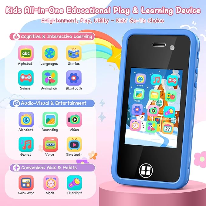 Kids Toy Smart Phone for 4-8 Year Old Boys Girls | Dual Camera, 14 Educational Games, Drop-Proof Fake Phone with MP3 Player & 16GB SD Card, Perfect Christmas Birthday Gift (Blue)