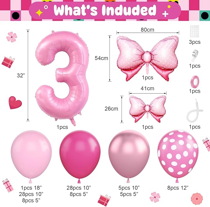 Pink 3rd Birthday Balloons Decorations, Hot Pink Rose Polka Dots Balloon Arch Kit, Huge Bow Foil Balloons, pink Number 3 Balloon Tower for Baby Shower Girls Princess 3rd Theme Party