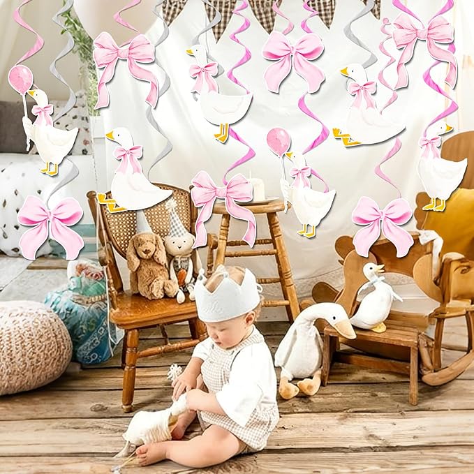 Pink Bow Silly Goose Hanging Swirls Goose Birthday Party Decorations 23Pcs One Silly Goose Hanging Streamers Farm Silly Goose Ceiling Decor for Geese Theme Girls Baby Shower Supplies