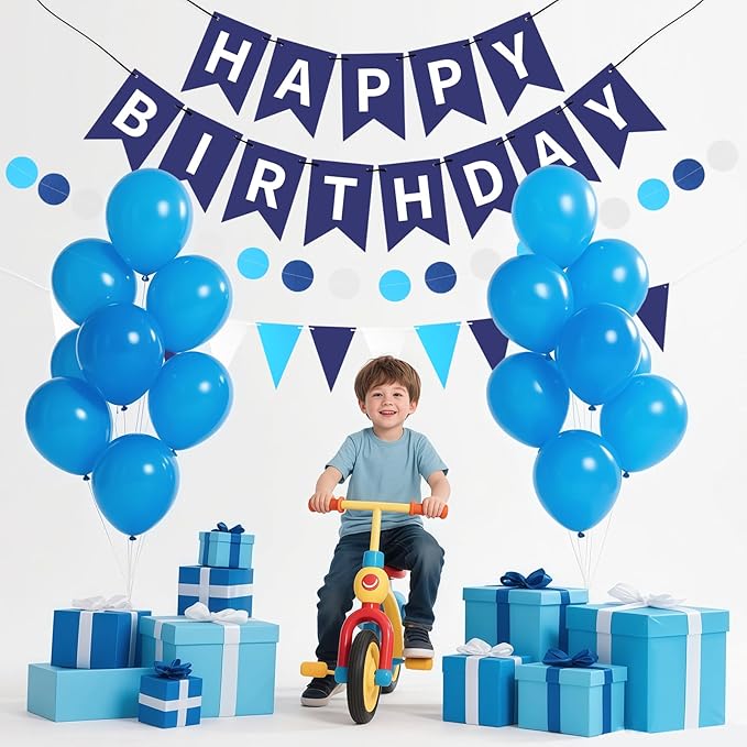 Blue Happy Birthday Banner, Happy Birthday Decorations Hanging Birthday Sign Circle Dot Triangle Bunting for Women Men Girl Boy Party Supplies