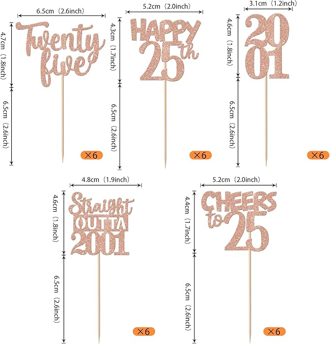 30PCS 25th Birthday Cupcake Toppers Glitter Twenty Five Happy 25 Straight Outta 2001 Cupcake Picks for Cheers to 25 Years 25th Birthday Anniversary Party Cake Decorations Supplies Rose Gold
