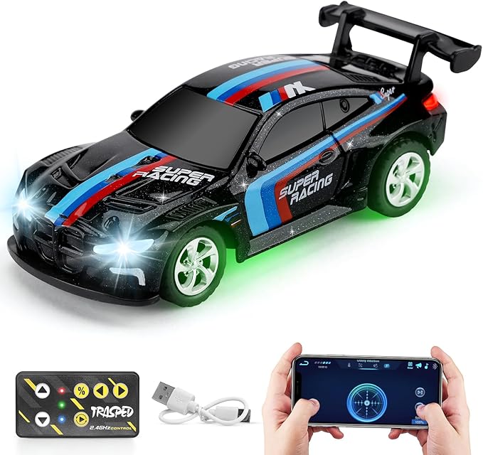 SASBSC Mini RC Toy Cars for Boys Kids Adults, 2.4GHz APP Remote Control Car with Lights and 3 Speed Modes, 1/64 Race Toy Car Rechargeable for Boys Ages 5-7 8-12,Birthday Gifts for Kids