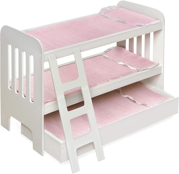 Badger Basket Doll Bunk Bed with Bedding, Ladder, and Free Personalized Kit - Fits Dolls Up to 22 Inches - Ideal for Girl Dolls and Baby Dolls for Pretend Play - White/Pink