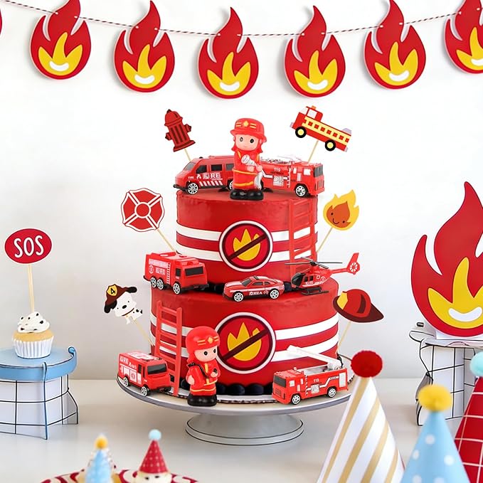 Hooqict 17 Pieces Fire Truck Cake Decorations Set with Mini Firetruck Firefighter Fire Engine Birthday Cake Toppers & Cupcake Toppers for Fireman Fire Truck Birthday Party Decorations Supplies