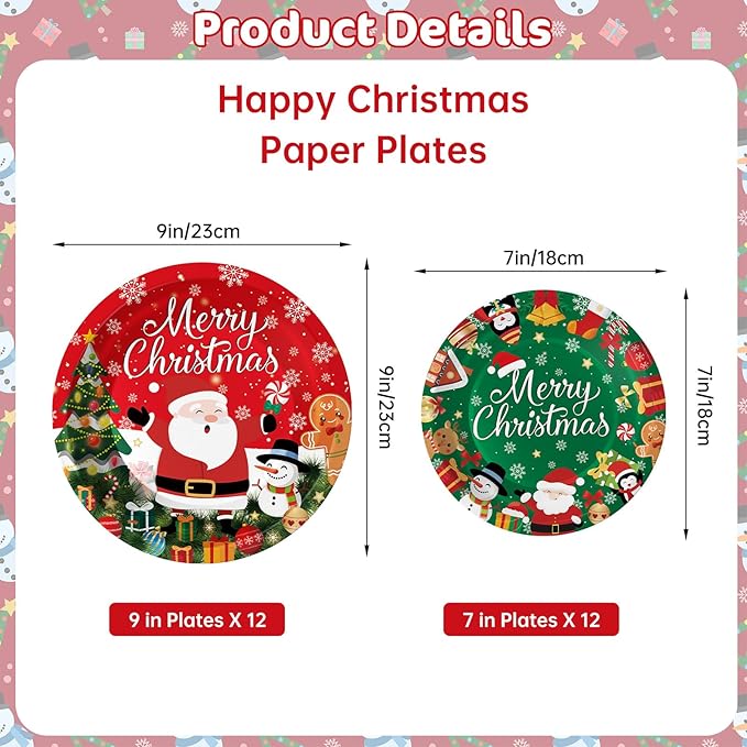 24 Pcs Merry Christmas Paper Plates - Cute Round Christmas Plates, Santa Claus Snowmen Dinner Dessert Plate Disposable Dinnerware Set for Winter Holiday Xmas Party Table Decorations Supplies Favors