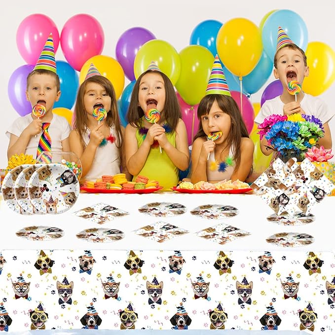 Dog Party Tableware Set,20 Plates and 20 Napkins and Tablecloth71 '' x 42 '',Dog Birthday Theme Party Decorate Supplies