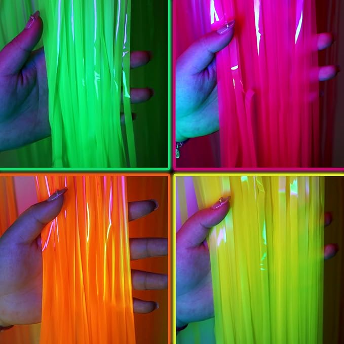 ADLKGG Glow in The Dark Party Supplies, 4Pcs 3.3x6.6 Feet Neon Party Decorations, Fluorescent Green Orange Yellow Fuchsia Foil Fringe Curtains Backdrop for Birthday Halloween Pool Photo Booth Prop