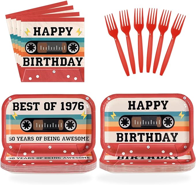 50th Birthday Decorations 96Pcs 50th Birthday Plates and Napkins Retro 70s Party Cassette Tape Disposable Tableware for 50 Year Old Women Men Retro Music Hip Hop Party Decorations