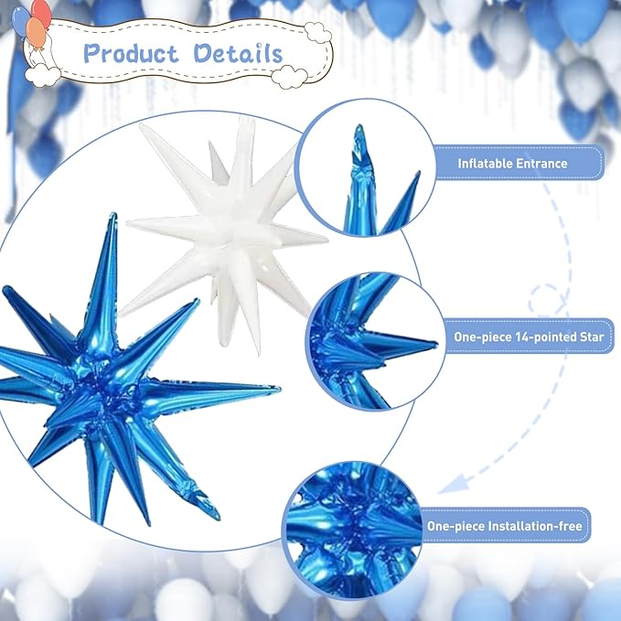 6 Pcs White Blue Star Foil Balloons One-Piece 14-Pointed Star Balloon 4D Starburst Cone Mylar Balloon 22inch Christmas Birthday Wedding Wedding Anniversary Party Supplies (White + Blue)
