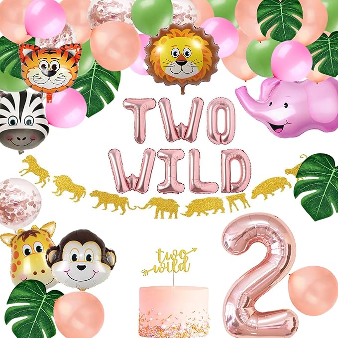 Two Wild Birthday Party Decorations, Jungle Themed Secend Girl Birthday Party Supplies Set Cute Animals Head Balloons and Two Wild Banner for Girls 2nd Jungle Birthday Decor