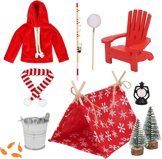 Christmas Elf Doll Accessories Set - 11Pcs Elf Doll Fishing Accessories Include Fishing Outfit Camping Accessories for Elf Dollhouse,Xmas Elf Clothes and Toy Accessories