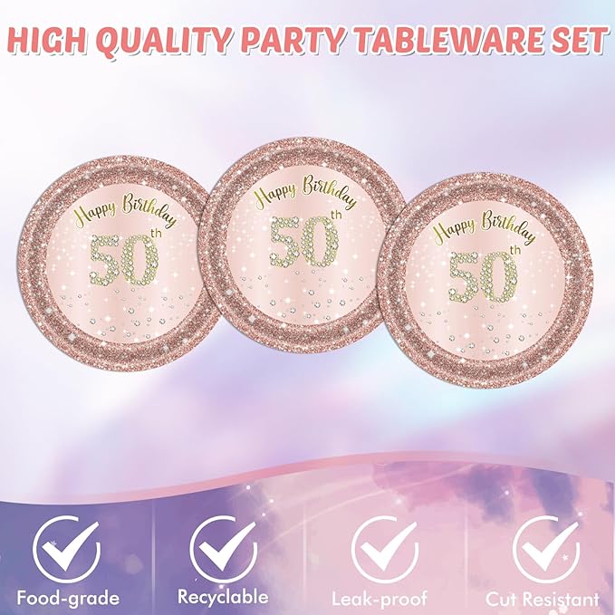 50th Birthday Decorations for Women Rose Gold 50 Years Old Party Tableware Set Include 50th Birthday Plates and Napkins Tablecloth Fifty Birthday Party Decorations Favors for Women 1976 Party Supplies
