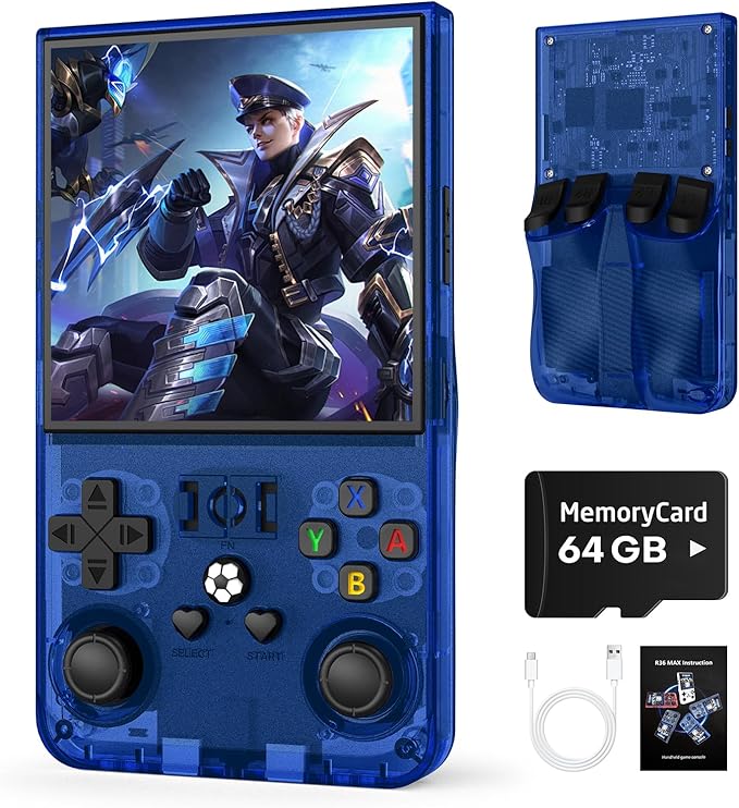R36MAX Retro Handheld Game Console, 64GB Retro Gaming Console with 4.0 Inch Screen, Portable Video Game Consoles with 4000mAh Battery and Multiple Emulators, Open Linux System (Transparent Blue)