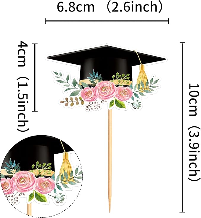 Cyodoos24 PCS Graduation Theme Cupcake Toppers Flower Graduate Cupcake Picks Students Graduation Theme Party Cake Decorations Supplies
