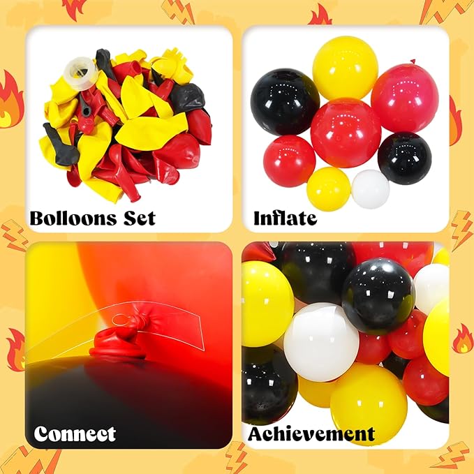 YIIHMEI Cartoon Monster Red Black Yellow White Birthday Party Decorations, Balloons Garland Arch Kit Supplies, Curtains Backdrop with Anime Theme Style Banner Letters Signs for Boy's